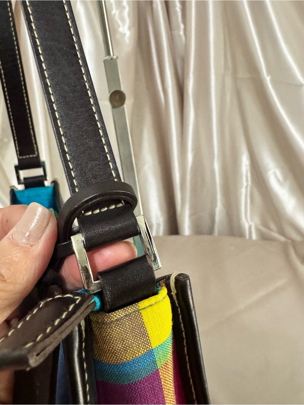 Lauren Ralph Lauren Teal Plaid Shoulder Bag with leather Trim - Picture 3 of 16